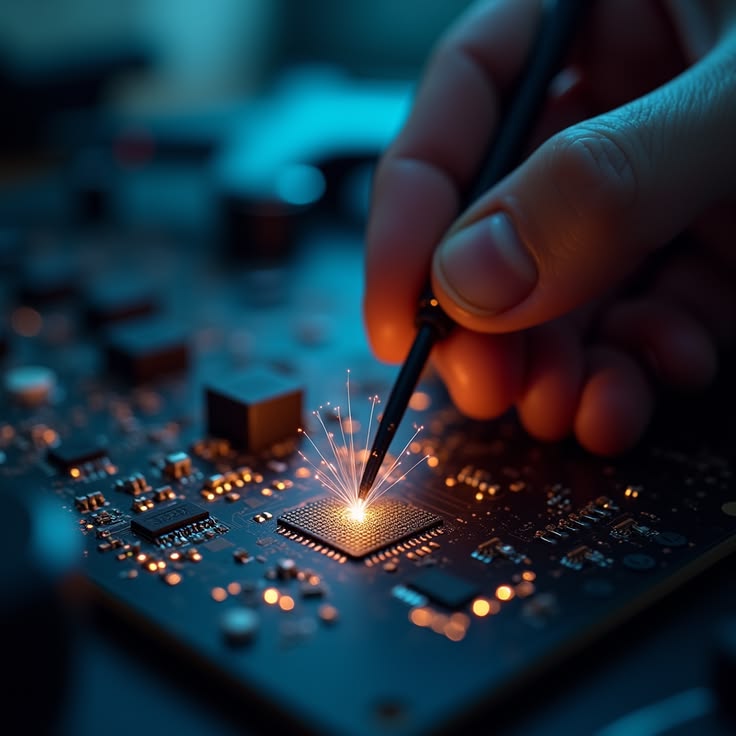 Desktop repair service in Al Barsha Dubai — technician diagnosing a PC motherboard at Al Barsha Electronics