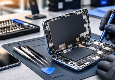 Technician performing mobile phone camera repair in Barsha Heights Dubai