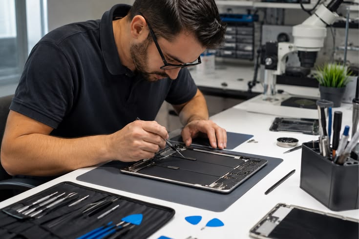 Technician inspecting an iPad for screen and battery problems in Al Barsha Dubai