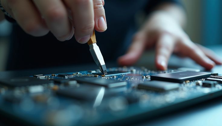 Electronics technician inspecting a circuit board during an electronics repair service in Al Barsha, Dubai