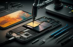 Mobile phone repair technician diagnosing a smartphone at Al Barsha Electronics Dubai