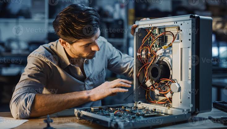 Desktop repair service in Al Barsha Dubai — technician diagnosing PC motherboard
